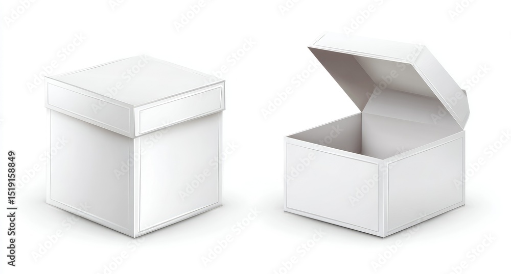 Two clean, white square boxes are shown; one closed, the other opened, showcasing the inside. They have simple, minimalist designs, ideal for packaging Two clean, white square boxes are shown; one closed, the other opened, showcasing the inside. They have simple, minimalist designs, ideal for packaging
