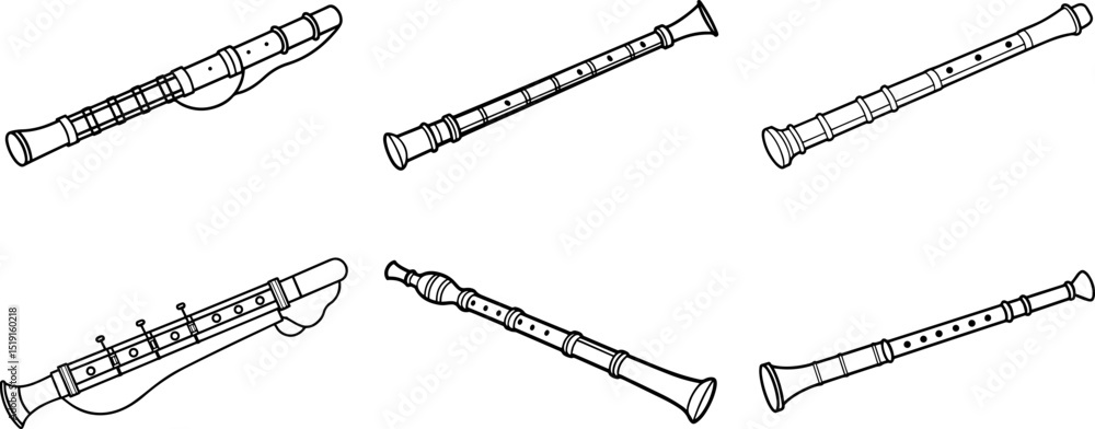 Fototapeta premium Set of Shakuhachi black outline vector and illustration, coloring book page