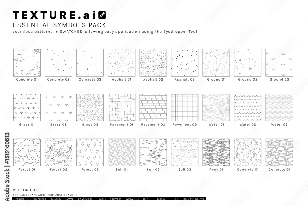custom made wallpaper toronto digitalVector pattern texture cad set for landscape architecture. Includes concrete, asphalt, grass, pavement, water, gravel, soil, forest, and stone surfaces.