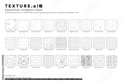 Vector pattern texture cad set for landscape architecture. Includes concrete, asphalt, grass, pavement, water, gravel, soil, forest, and stone surfaces.
