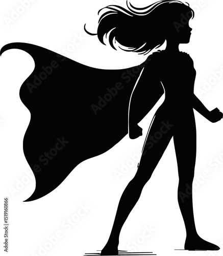 Silhouette of a superhero child with cape blowing in the wind
 vector isolated on white background