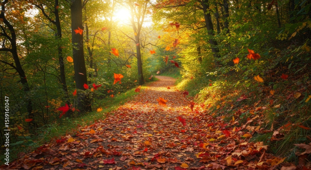 Obraz premium Autumn Forest Path with Falling Leaves and Golden Sunlight