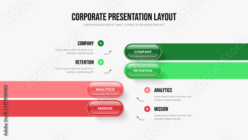 Investor Introduction 4 Step Diagram Slideshow Design. Market Solution Slide Layout Vector Illustration. Corporate Development Four Element Infographic Presentation Template.