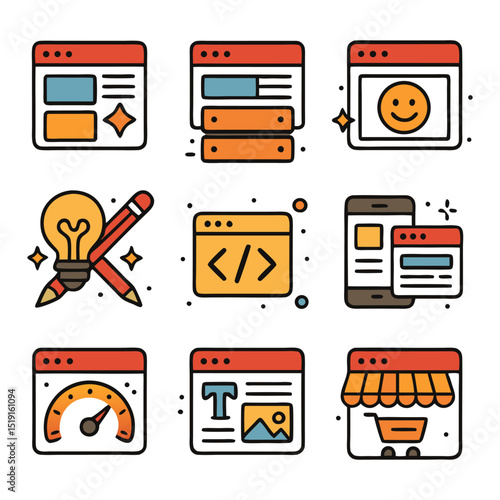 Nine web design icons suitable for digital projects, websites, apps, presentations, and UI/UX design enhancements with a modern and professional look.