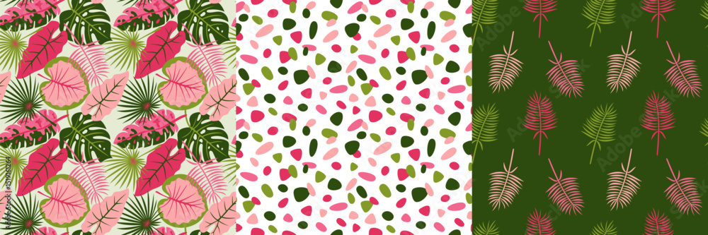 Tropical seamless pattern set with colorful palm leaves and abstract shapes. Bright jungle foliage, modern botanical background, exotic plants texture for textile, wallpaper, wrapping, and decor. Tropical seamless pattern set with colorful palm leaves and abstract shapes. Bright jungle foliage, modern botanical background, exotic plants texture for textile, wallpaper, wrapping, and decor.