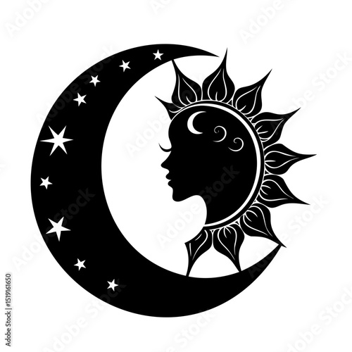 Silhouette of a woman with moon stars sun design in black and white celestial art
