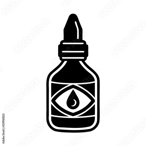 Black and white illustration of an eye drop bottle for eye care and vision health