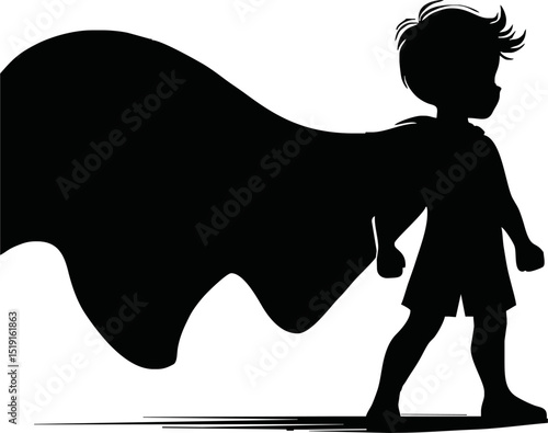Silhouette of a superhero child with cape blowing in the wind
 vector isolated on white background