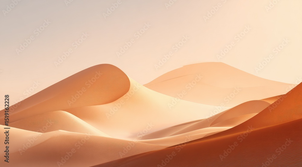 Serene desert landscape at sunrise/sunset, showcasing gently rolling sand dunes bathed in warm, soft light. The smooth curves and pastel hues create a peaceful atmosphere Serene desert landscape at sunrise/sunset, showcasing gently rolling sand dunes bathed in warm, soft light. The smooth curves and pastel hues create a peaceful atmosphere