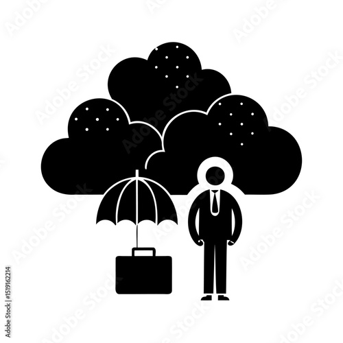 Business professional with umbrella protecting from the threat of economic uncertainty