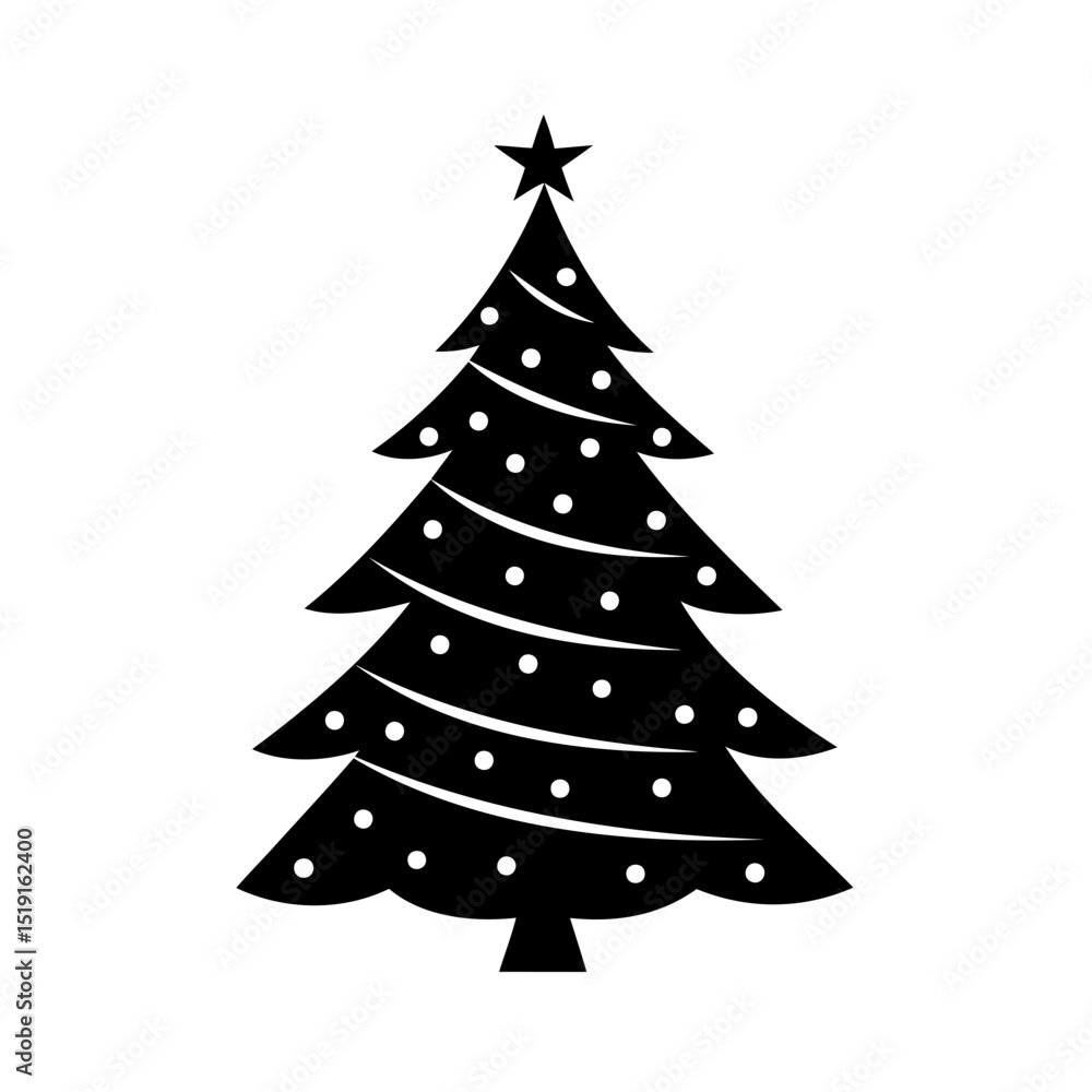 Fototapeta premium Simple black christmas tree with white ornaments and star isolated on white background