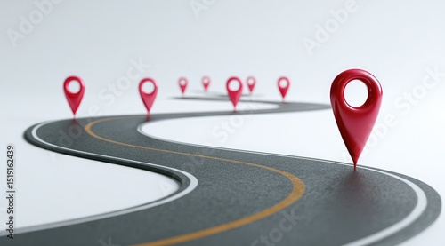 A winding road with several red map markers indicating a route or journey.  The image is clean, minimalist, and uses a 3D rendering style