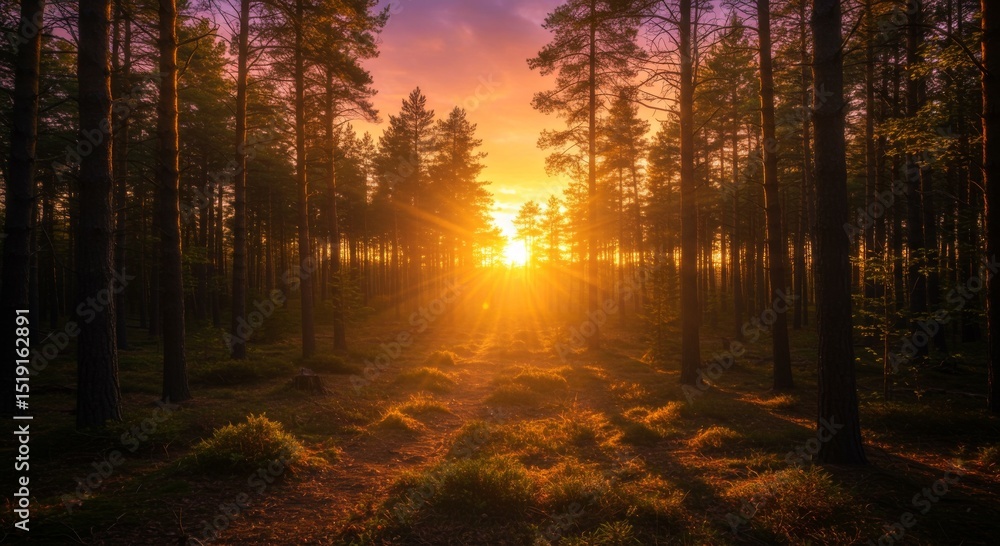 Fototapeta premium Vibrant Sunset in a Pine Forest