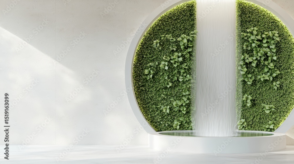 Fototapeta premium Room garden waterfall concept. Modern wall fountain features cascading water and greenery in a minimalist space.