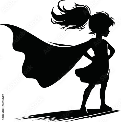 Silhouette of a superhero child with cape blowing in the wind
 vector isolated on white background