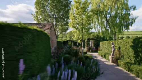 Wallpaper Mural A picturesque, sun-drenched garden path winds through meticulously maintained hedges and flowerbeds, flanked by lush trees and a stone cottage Torontodigital.ca
