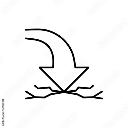 Line Art Icon of Arrow Hitting Ground with Cracks Impact Force and Failure Outline