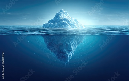 A majestic iceberg floats in the ocean, its massive underwater portion significantly larger than its visible part, creating a striking visual metaphor for hidden depths
