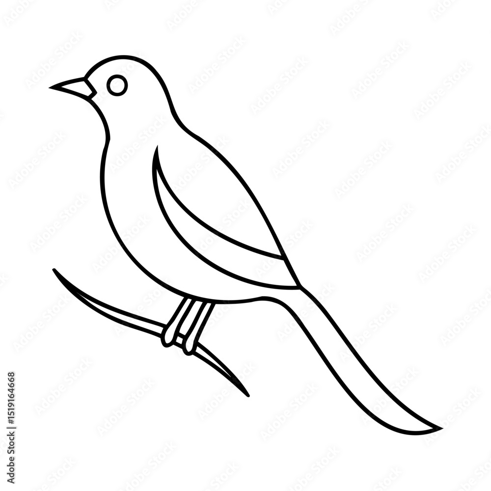 Fototapeta premium Simple black and white outlined bird perched on a twig for various design projects
