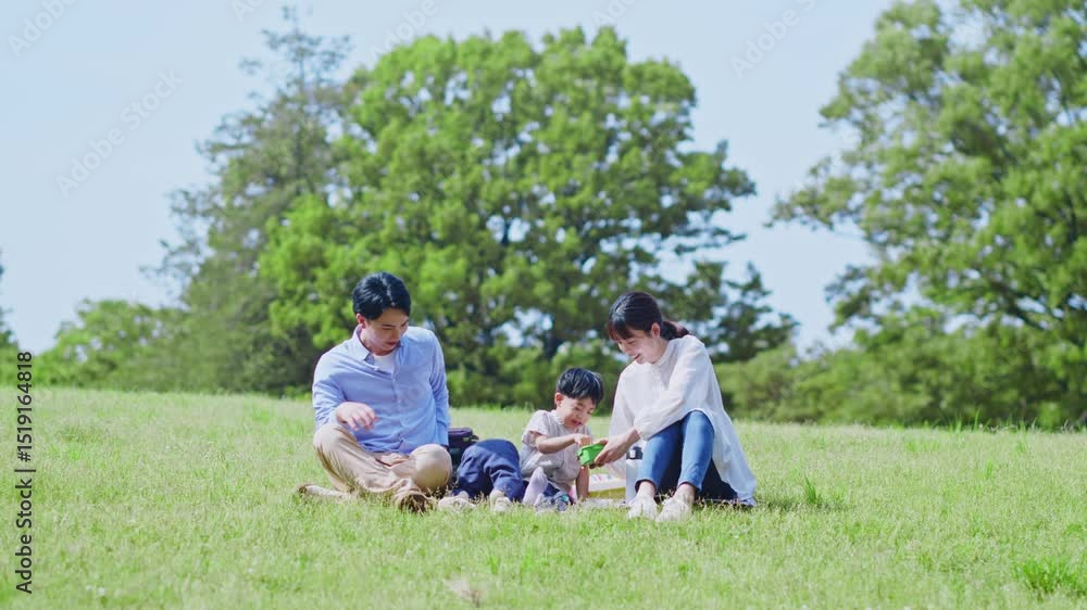 公園でピクニックする四人家族 公園でピクニックする四人家族