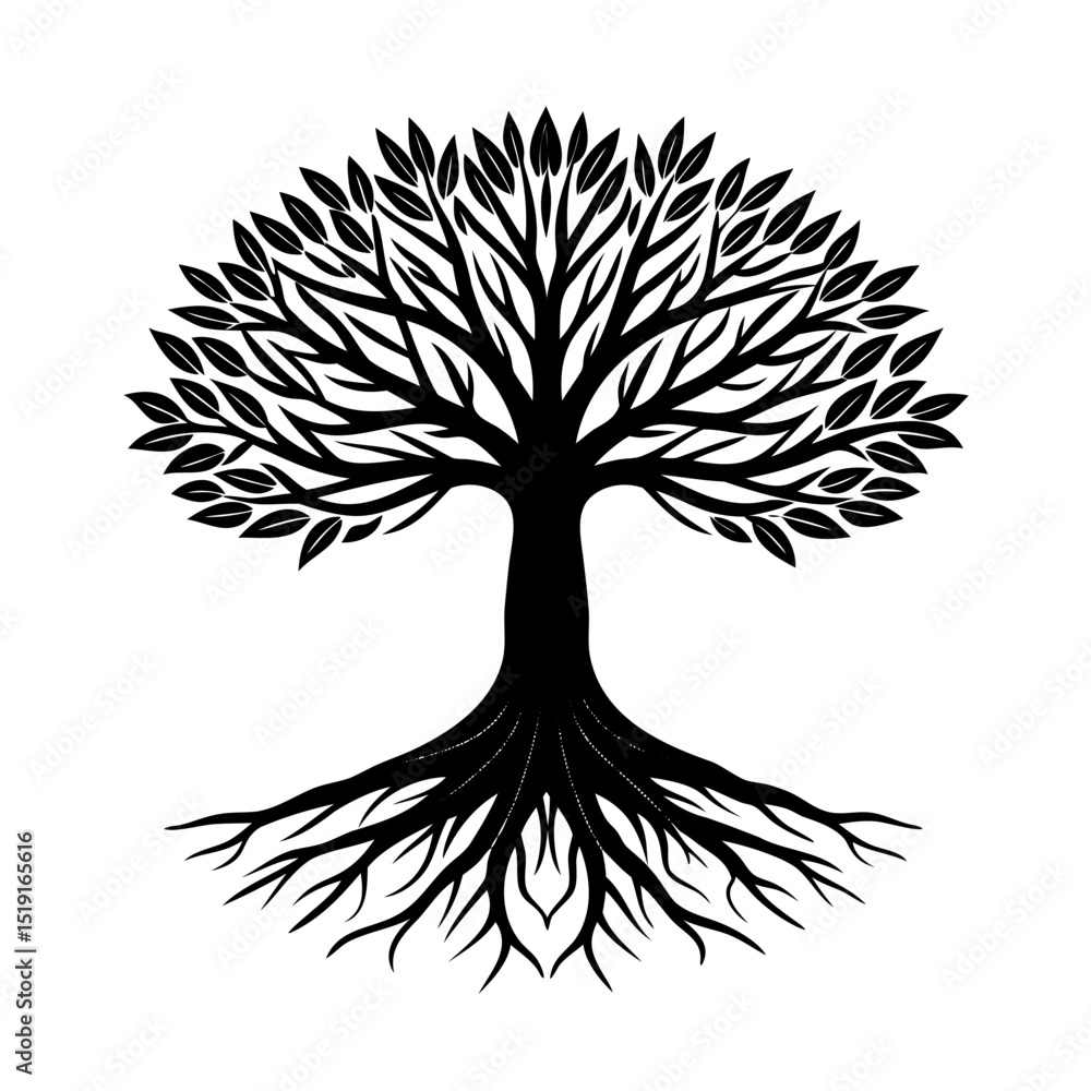 Naklejka premium Silhouetted illustration of a tree with roots and leaves isolated on white background