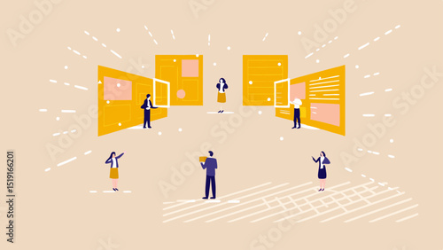 People interacting with digital screens in a virtual or augmented reality environment in a stylized scene