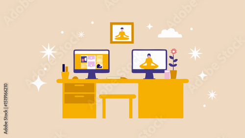 A desk with two computers displaying yoga poses and a framed yoga picture on the wall above it