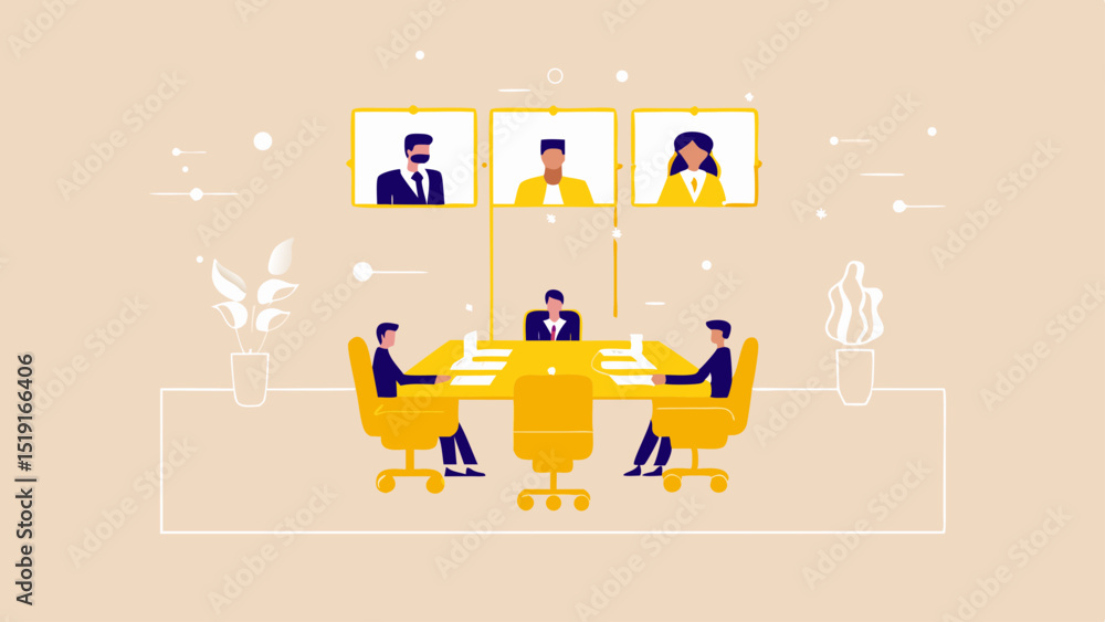 Illustration of a virtual meeting with three screens above a table and three people present Illustration of a virtual meeting with three screens above a table and three people present