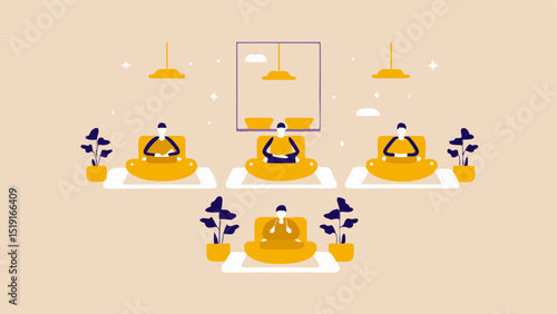Illustration of multiple people meditating in a room with plants and hanging lights in a peaceful setting