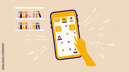Person using a mobile phone with user interface on the screen and a bookshelf in the background