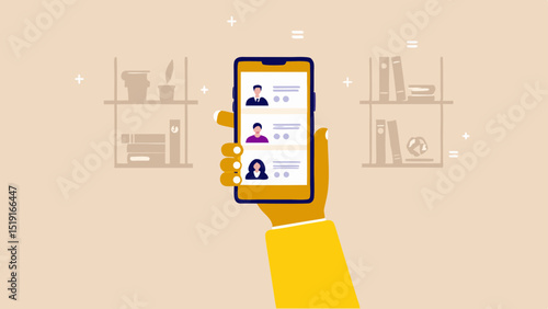 Hand holding a phone displaying a list of contacts in front of bookshelves backdrop design