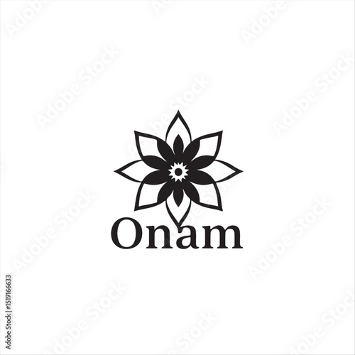 Black and white vector logo design a geometric Onam silhouette on a white background. The design must be elegant, timeless, and emphasize balance and symmetry using clean lines.eps