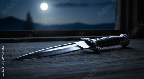Silver Dagger on Dark Surface at Night with Moonlight Background