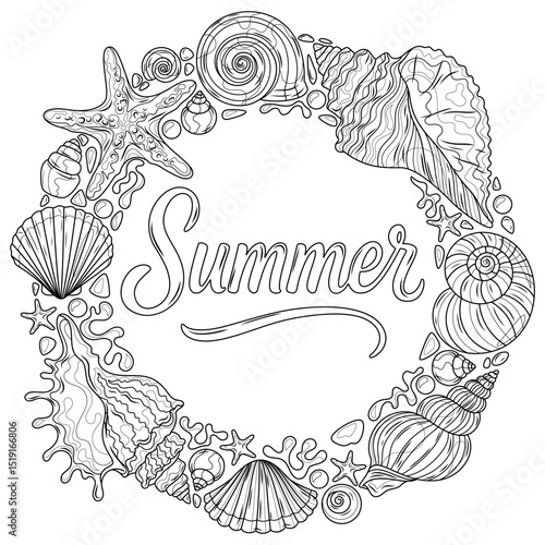 A wreath of sea shells and the inscription summer.Coloring book antistress for children and adults. 