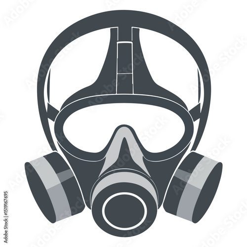 A gray gas mask with circular filters and a rounded strap is shown on a white background