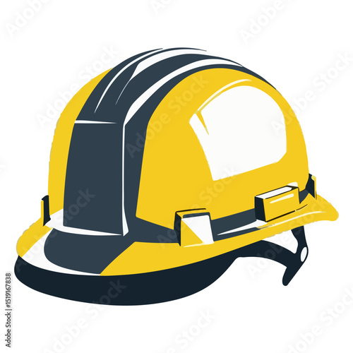 A yellow hard hat has dark trim a white section and adjustable straps