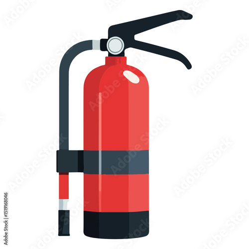Red fire extinguisher with a black handle nozzle and strap