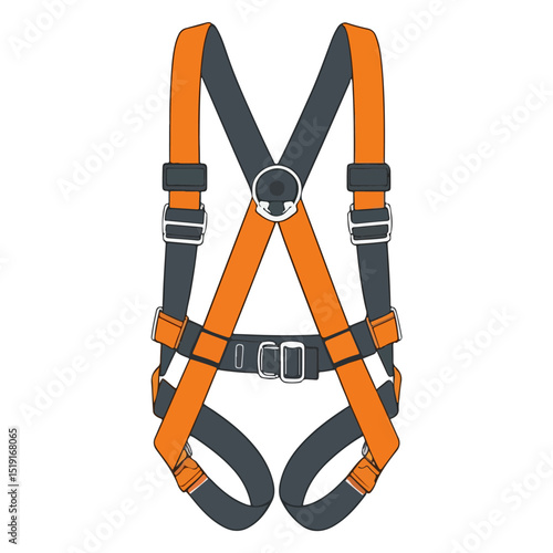 Safety harness orange straps cross over gray secured by clips  a waist belt The straps connect at the chest forming a sturdy protective X