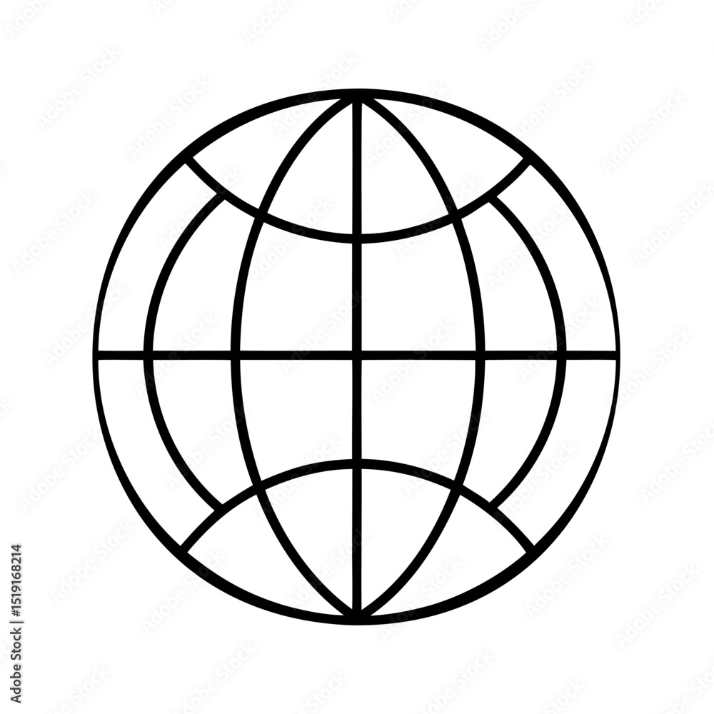 Black and white stylized globe icon representing global communication and worldwide connections Black and white stylized globe icon representing global communication and worldwide connections