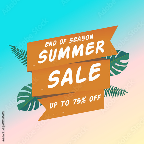 Summer Sale Vector Banner in Light Blue Background with Up to 75% off. End of Season. Illustration. Online Ads.