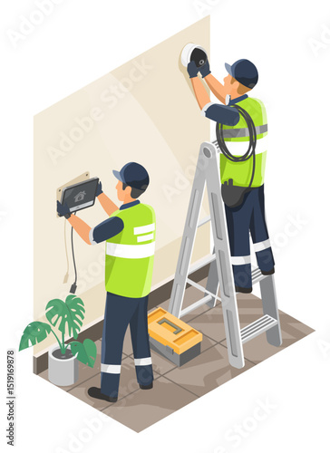 Smart home system installation by two professional technicians setting up security camera and control panel inside residential interior space
