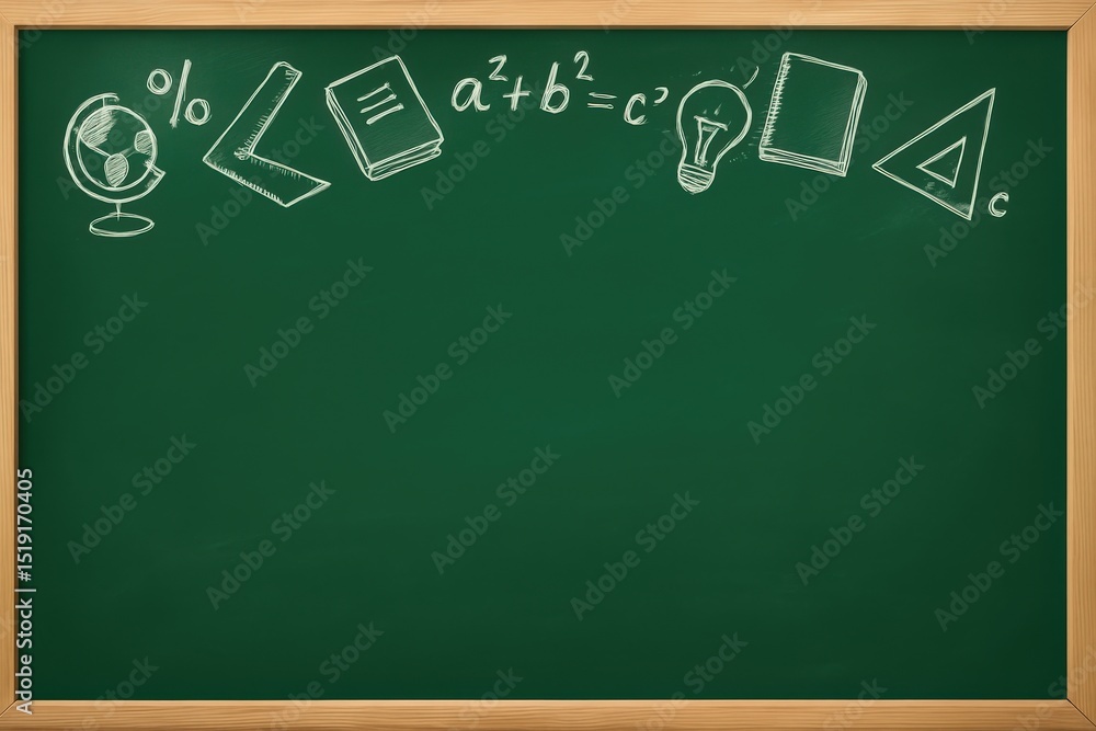Fototapeta premium Back to School Education: The image portrays a traditional chalkboard in a classroom setting, offering ample space for text, adorned with a range of educational symbols.