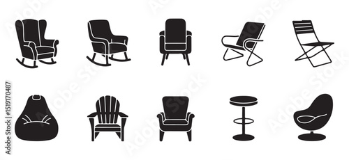 A set of simple, black and white silhouettes of various chairs, including rocking chairs, armchairs, a bean bag, adirondack chairs, bar stools, and a modern chair.