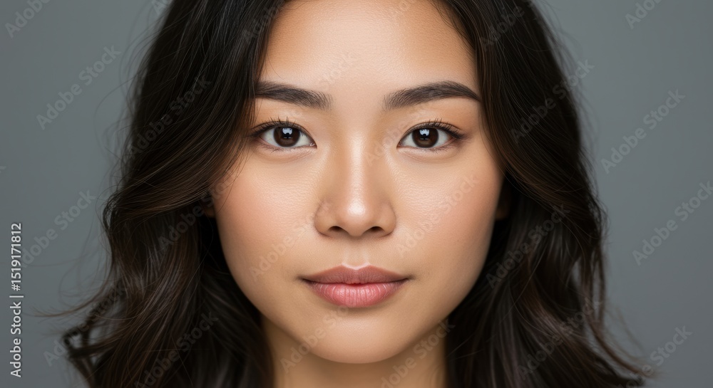 Fototapeta premium Portrait of a young woman with natural beauty and glowing skin against a neutral background showcasing calm confidence and poise