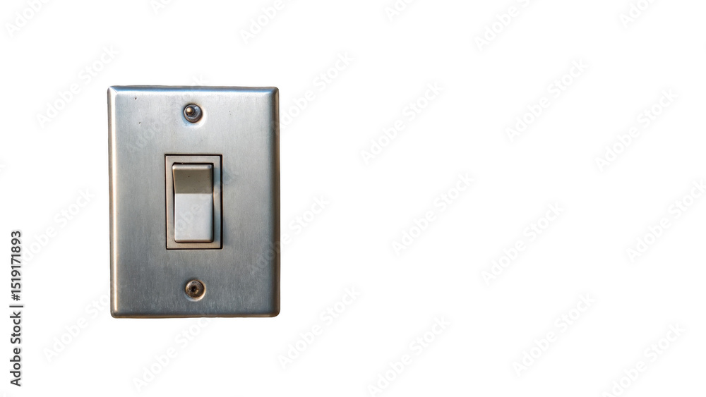 Single metal light switch with white toggle in the off position is set against a transparent background, emphasizing the concept of power control and energy saving Single metal light switch with white toggle in the off position is set against a transparent background, emphasizing the concept of power control and energy saving