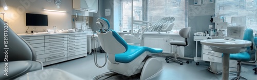 Light and modern interior design of a dental office with teal chair