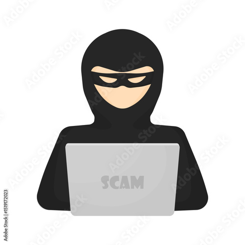 Web scammer behind a laptop. Fraud symbol.