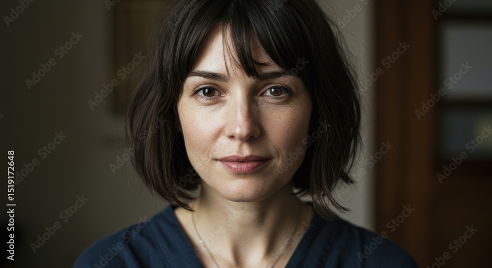 Captivating portrait of a woman with medium length dark hair seated indoors in soft lighting, exuding confidence and warmth during a serene moment Captivating portrait of a woman with medium length dark hair seated indoors in soft lighting, exuding confidence and warmth during a serene moment