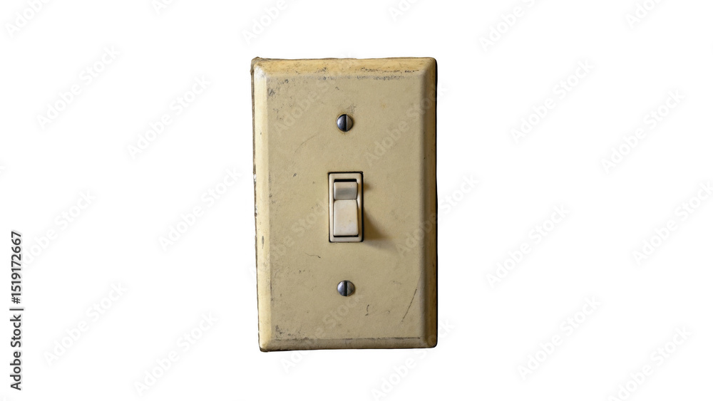 Close up of an old, worn beige light switch in the on position against a transparent background, perfect for design projects needing a realistic element Close up of an old, worn beige light switch in the on position against a transparent background, perfect for design projects needing a realistic element
