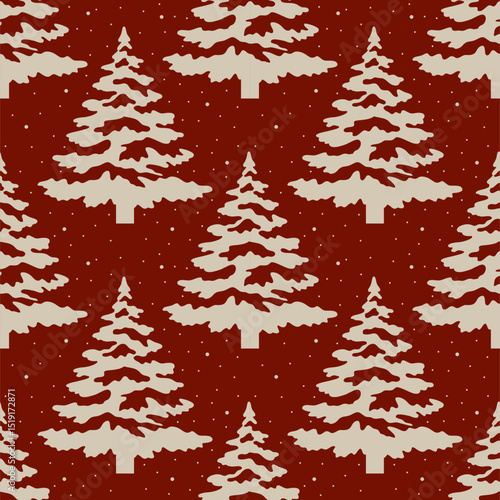  vintage Christmas tree pattern on a deep red background with snow detail. Perfect for holiday designs, gift wrap, and seasonal decor.